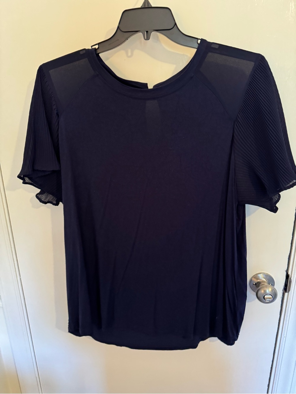 Cable & Gauge Navy Short Sleeve Top with Mesh Shoulders